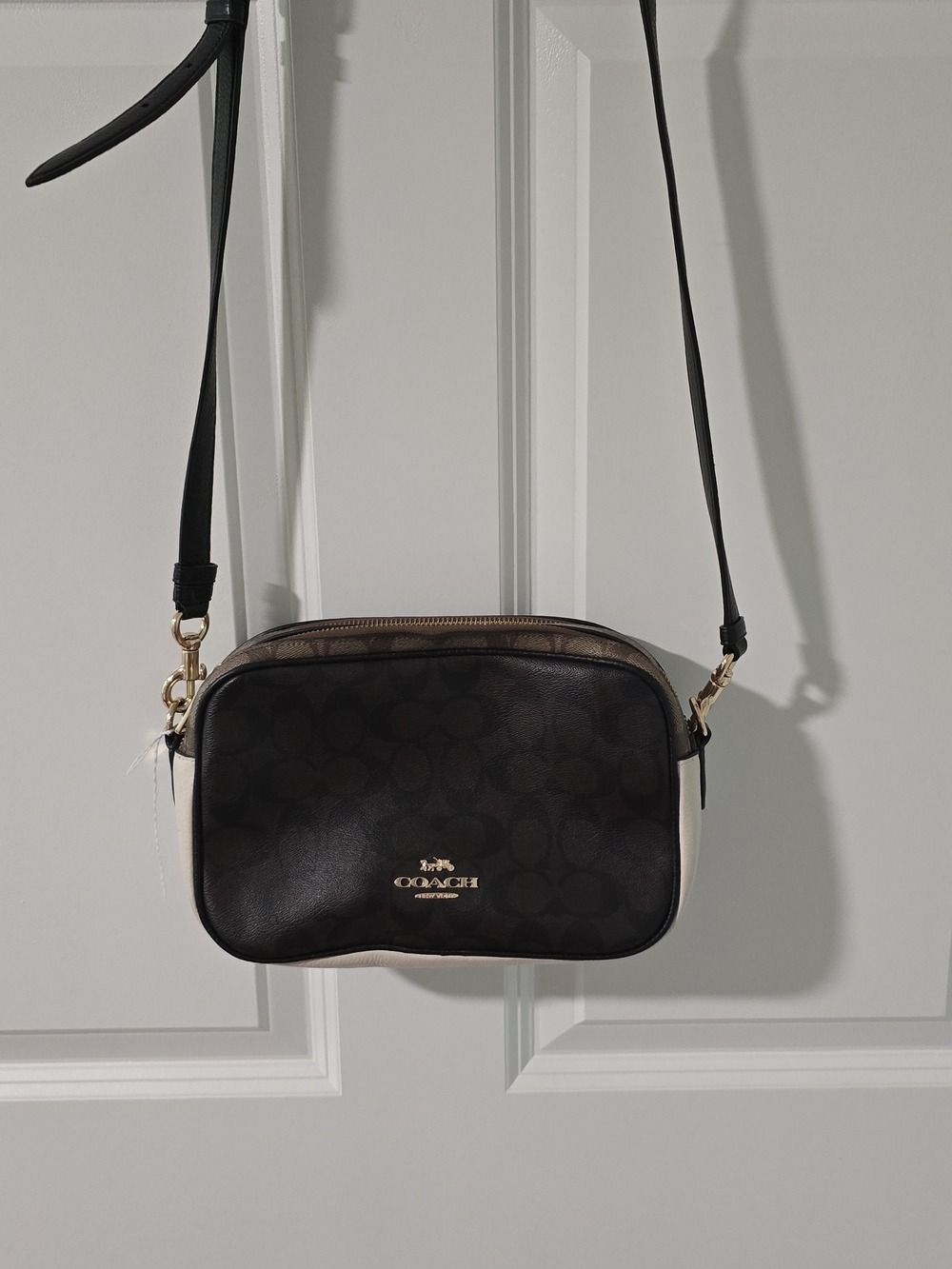 Coach Brown and White Signature Crossbody Camera Bag
